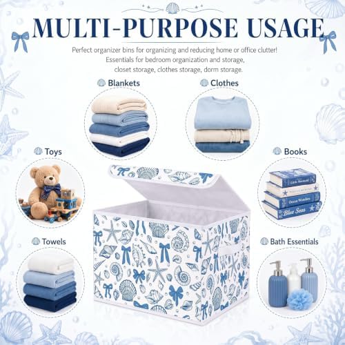 Briwooody Beach Storage Bin with Lid and Carrying Handle Coastal Blue Bow Seashell Foldable Storage Box Summer Bachelorette Party Decorative Collapsible Container Basket for Closet Home Bedroom Gift - Image 4