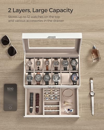 SONGMICS 12-Slot Watch Box, Lockable with Glass Lid, 2 Layers Watch Case - Image 4