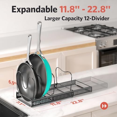 ORDORA Pots and Pans Organizer under Cabinet, 11.8-22.8" 14 Dividers Black - Image 3