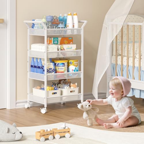 Baby Diaper Caddy Cart, 4-Tier Diaper Caddy Organizer and Storage, Rolling Utility Cart for Baby Supplies, Diaper Cart with Wheels for Bedroom, Nursery, Changing Table, White - Image 2
