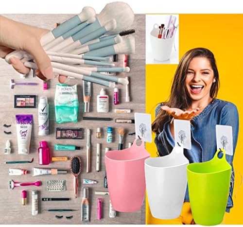 QUALIALL Declutter and Organize with Our Hangable Desktop Trashcan - Small, Multifunctional, and Stylish - Perfect for Makeup Brushes, Lint, and More! Plastic Pink Green White, 3packs - Image 6