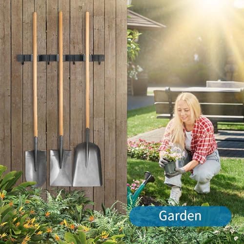 JAMEND CLXP Broom Hanger and Mop Holder, Heavy Duty Garden Tool Organizer Rack Rake and Shovel Handle, Stainless Steel Wall Mounted Utility Rack with Screws (3 Racks with 4 Hooks, Matte Black). - Image 6