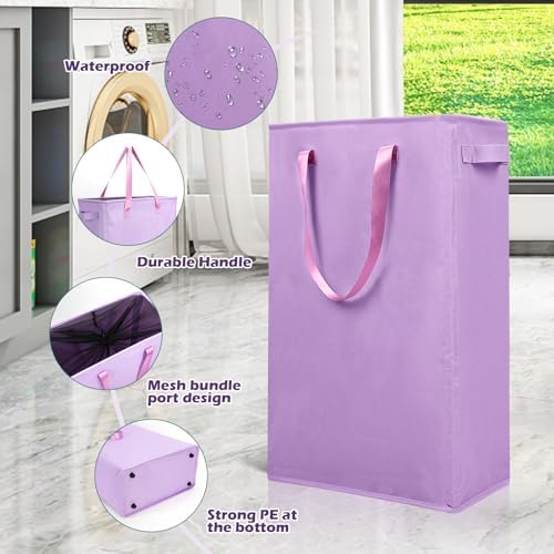 Odonata Slim Laundry Hamper Handles Collapsible Laundry Basket Thin Dirty Clothes Basket Narrow Laundry Bag Foldable Dirty Hamper 45L (Light Purple) - Image 5
