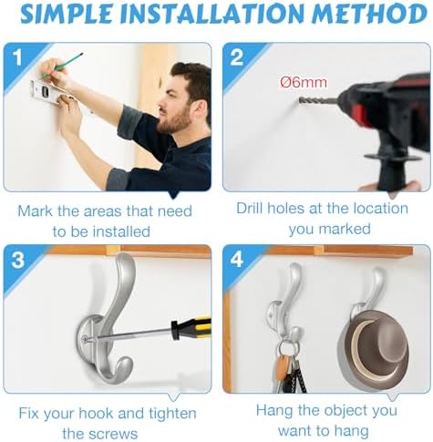 6 Pack Coat Hooks Wall Mount Heavy Duty Utility Retro Double Hooks for Hanging Coats,Hat, Towel, Key, Robe, Scarf, Bag, Cap (Silver) - Image 5