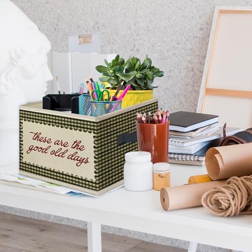 Inspirational These Are the Good Old Days Foldable Storage Bins Box with Handles, Green Gingham Plaid Motivational Collapsible Toys Books Clothes Organizer Basket for Kids Bedroom Bathroom - Image 3