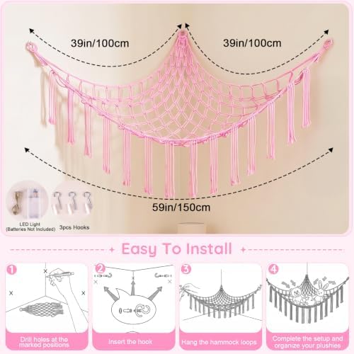 Basumee Stuffed Animals Hammock with LED Light Corner Net, Girls Room Decor - Image 6