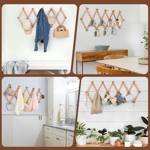 SCUNDA Wall Rack with 16 Hooks, Wooden Wall Expandable Coat Rack for Coat, Hats, Baseball Caps, Coffee Mug, Jewelry(Natural) - Image 4