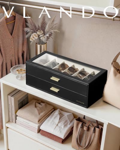 VLANDO 12-Slot Sunglasses Organizer Case with Clear Lid & 2 Drawers,Black - Image 6
