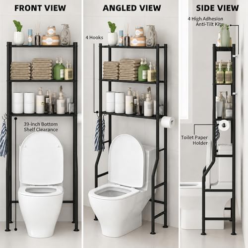 GloTika 3-Tier Over Toilet Storage Cabinet, No Drilling, 64" H, Black - Image 2