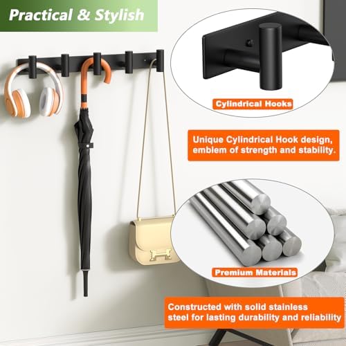 Coat Rack Wall Mounted with 5 Hooks,Heavy Duty Stainless Steel Wall Hooks for Towel Coat Bag, Hat Rack Coat Hanger Coat Hooks Towel Racks for Bathroom Entryway Kitchen Hotel (Black, 2 Packs) - Image 6