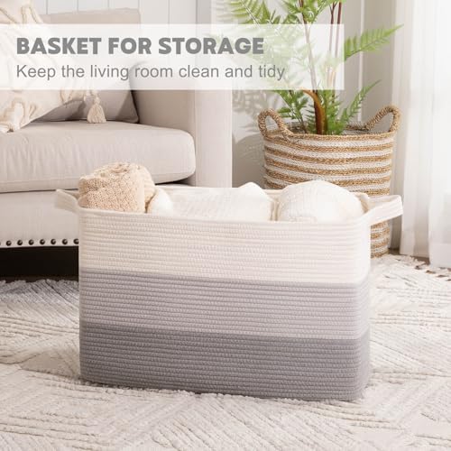 OIAHOMY Extra Large Blanket Basket, 110L Cotton Rope Woven Laundry Basket, Toy Bin for Baby Room, Container for Blanket Storage in Living Room, 24.8''×17.3''×15.8'', Gradient Grey - Image 5