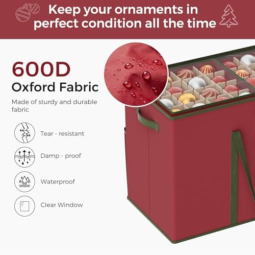 160-3” Large Christmas Ornament Storage Box, Dual Zippers, Stackable Christmas Storage Container with Clear Top Lid, 6 Trays, 600D Oxford, Red - Image 4