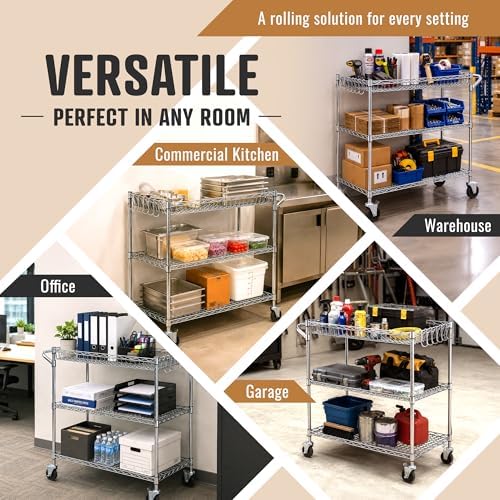 Our Modern Space 3 Tier Heavy Duty Wire Commercial Grade Rolling Cart with Wheels | Rolling Shelving Unit | Metal Utility Serving Cart with Shelves & Organizer Racks for Kitchen Bar Garage Office - Image 4