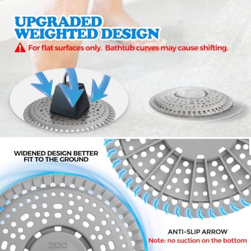 Zaa Shower Drain Hair Catcher Silicone Flat Floor Strainer Protector, 2 Pack Gray Weighted Flat Shower Drain Protectors, Traps Hair Before Clogs, Easy to Clean in Seconds - Image 2