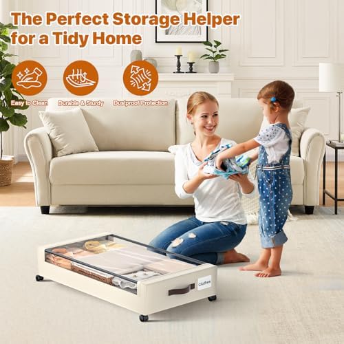 Under Bed Storage with Wheels,XXL 60L Under Bed Storage Containers with Clear Lids, Rolling Under Bed Metal Drawer for Clothes, Shoes,Toys (White, 2 Pack) - Image 3