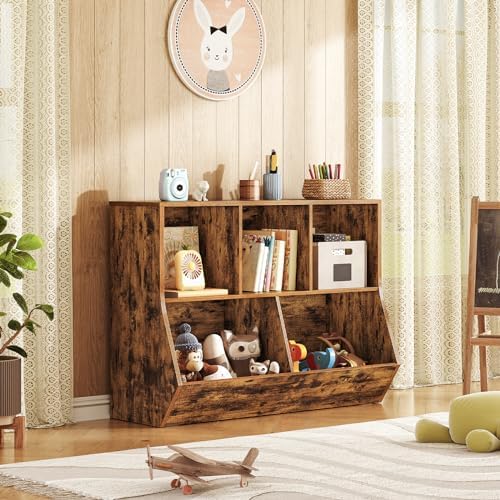 HOOBRO Kids Bookshelf, Bookcase Footboard, Toy Storage Cubby, Children's Toy Shelf, 39.4" L Toy Storage Cabinet, Fit for Children's Room, Playroom, Hallway, Kindergarten, Rustic Brown BF132CW01 - Image 2