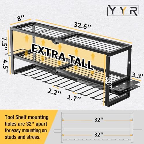 YYR Heavy Duty Power Tool Organizer Wall Mount, Cordless Drill Hanger Storage Rack, Battery Tools Holder with Charging Station Shelf for Garage Organization, Workshop, Pegboard, Shed - 32 Inch 8 Slots - Image 2