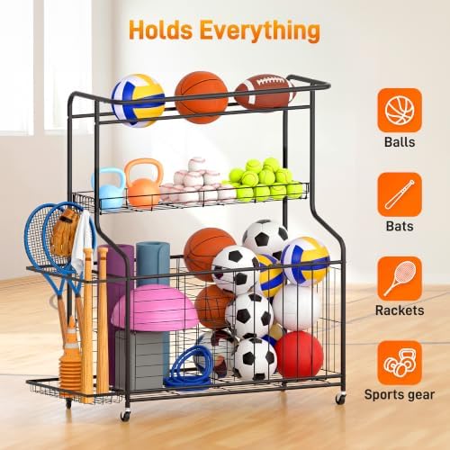 Sports Equipment Organizer Heavy Duty Rolling Garage Storage Rack - Image 3