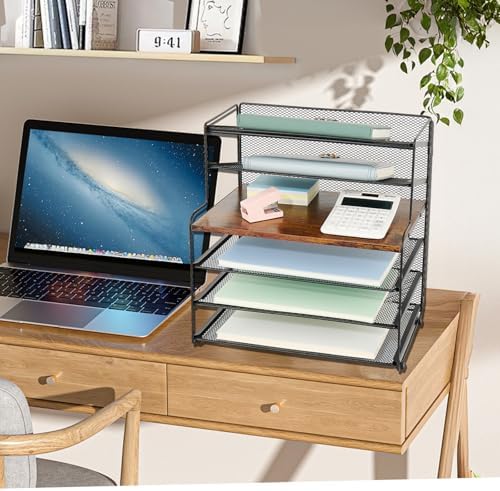 OPNICE Desk Organizer, 6-Tier Paper Organizer Letter Tray, Brown Wood - Image 3