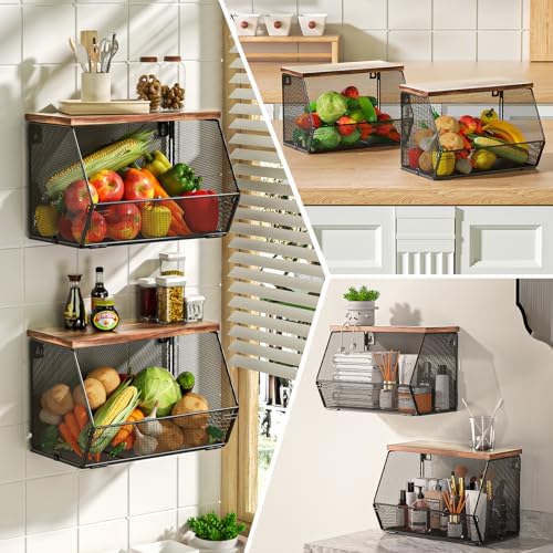 Litwaro Fruit Basket Wire Baskets with Wood Lid, Wall Mounted Produce Basket for Snack, Fruit and Vegetable Storage, Countertop Onion and Potato Storage, 3 Pack Stackable Kitchen Counter Organizer - Image 6