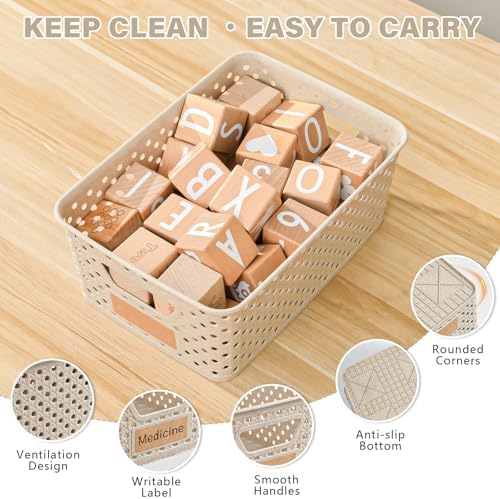 Homaigie 12 Pack Plastic Storage Baskets for Organizing, Storage Baskets for Shelves with Handles, Small Storage Bins with Labels, Classroom Storage Organization for Cabinet,Closet, Office,Natural - Image 4