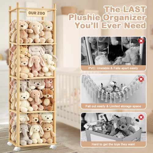 DIY Stuffed Animal Storage, Wood Adjustable 1–4 Tier Stuffed Animal Zoo Storage with Brake Wheels, Large Capacity Stuffed Animal Holder, Perfect for Nursery Playroom Kidroom Bedroom - Image 4