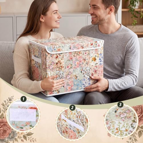 Briwooody Vintage Floral Storage Bin with Lid and Carrying Handle Retro Flower Foldable Storage Box Large Farmhouse Decorative Collapsible Container Basket for Organizing Closet Home Bedroom Gift - Image 5