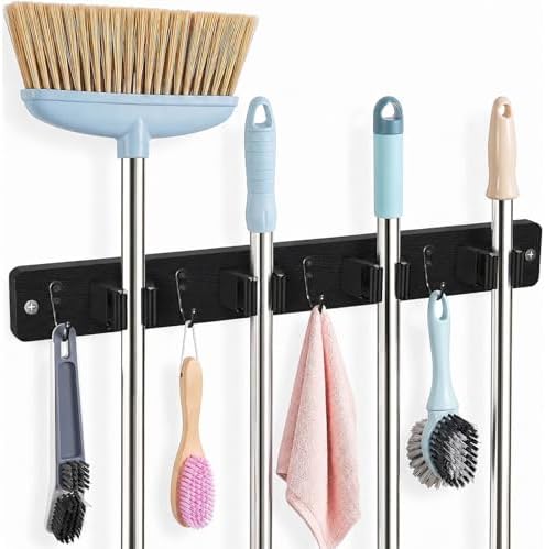 AceMining Black Broom Holder Wall Mount, 4 Holders 4 Hooks Mop Holder by AceMining