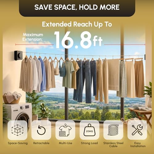 Retractable Clothesline, Stainless Steel Cable, 16.7 FT, Black - Image 4