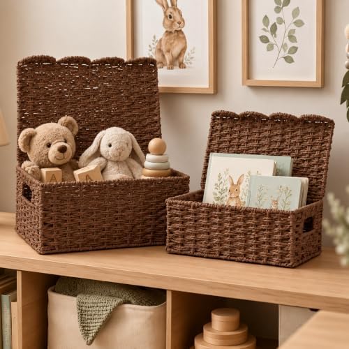 Set of 2 Scalloped Baskets, Paper Rope Wicker Baskets with Lids, Coffee - Image 6