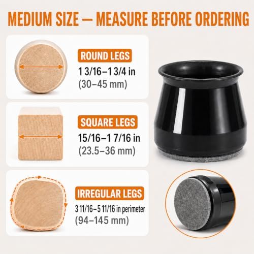 Chair Leg Floor Protectors w/Felt Pads 24-Pack – Stretch Silicone Furniture Caps for Hardwood Floors | Noise-Reducing No-Scratch Chair Covers (Medium, Fits Round & Square) - Image 2