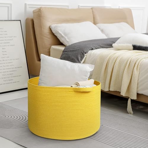 MEGASKET Extra Large Yellow Basket, 22” X 22” X 14” Cotton Rope Yellow Decor for Living Room Bedroom, Woven Basket for Blanket, Laundry, Towel, Shoe, Baby Nursery Toy Organizer, Room Decor Storage Bin - Image 4