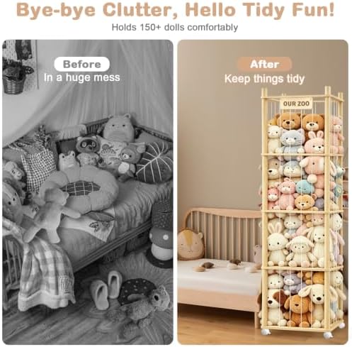 DIY Stuffed Animal Storage, Wood Adjustable 1–4 Tier Stuffed Animal Zoo Storage with Brake Wheels, Large Capacity Stuffed Animal Holder, Perfect for Nursery Playroom Kidroom Bedroom - Image 3