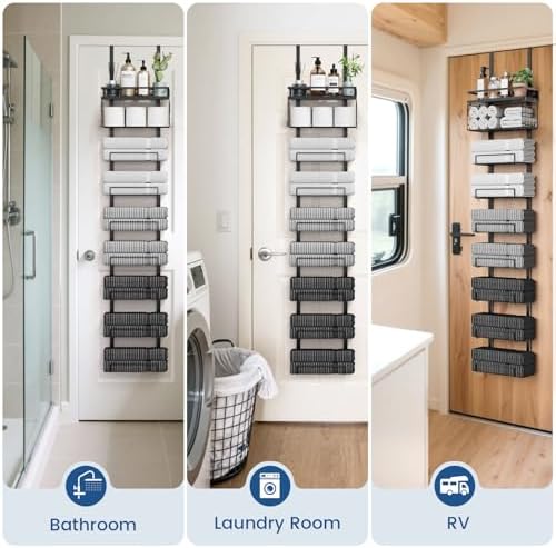 Aetyord Towel Racks for Bathroom Over The Door Towel Racks Towel Storage Organizer with Metal Shelf Basket for Bathroom Rv Camper (9-Tier Black) - Image 6