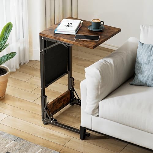 Folding TV Tray Table, Small Folding Side Table with Storage Bag, Portable C Shaped End Stand for Couch Sofa Bed, Rustic Brown - Image 4