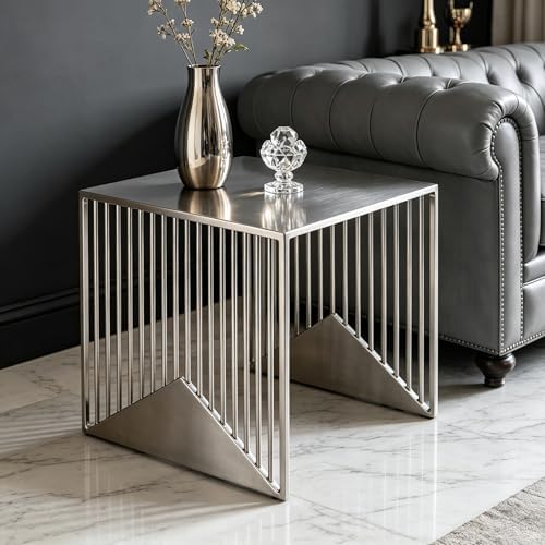 Stainless Steel Side Table - Geometric Vertical Slat Metal End Table, Modern Industrial Square Accent Table for Living Room, Bedroom, Small Spaces - Sturdy Nightstand, Easy to Clean by Unknown