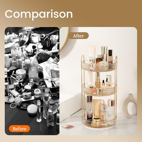 Aveniee Rotating Makeup Organizer for Vanity, Premium Solid Metal Pole Sturdy Construction, Perfume Storage for Bathroom Countertop, Clear Spinning Counter Shelf Cosmetic Holder for Dresser,Gold - Image 4