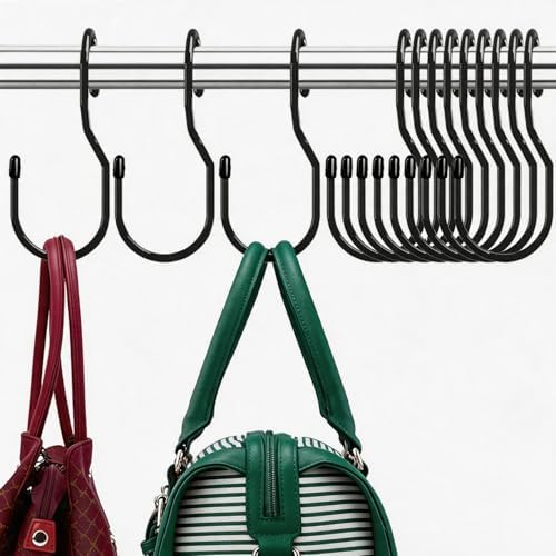 Purse Hanger for Closet, Unique Twist Design Bag Hanger Purse Hooks, 5 inch Large Size Closet Rod Hooks for Hanging Bags, Purses, Handbags, Belts, Scarves, Hats,Clothes, Pans and Pots (12 Pack Black) by DHYLRICHER