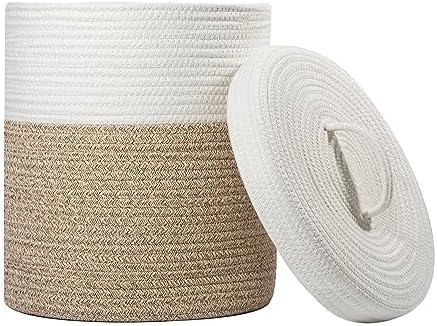 Lidded Storage Basket, Medium Brown & White Cotton Rope Basket by YimisDream