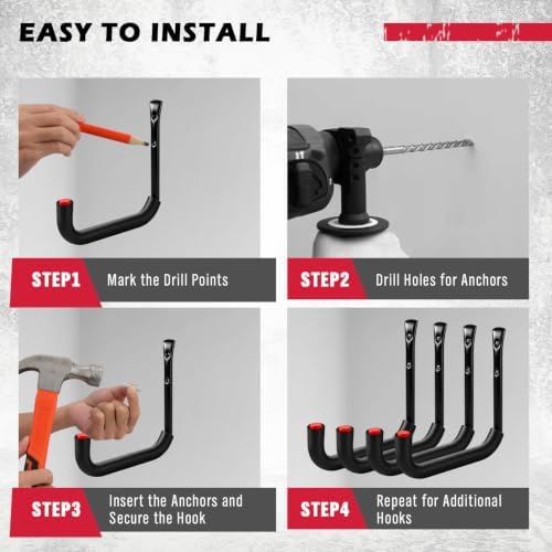 SEDY 6 Pack Heavy Duty Garage Hooks, Ladder Hooks for Garage Wall, Each Holds Up to 66 LB, 9.8 Inch EVA-Padded Steel Utility Hangers for Bikes, Folding Chairs, Garden Hoses and Tools - Image 6