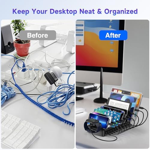 320W Charging Station for Multiple Devices, 10 Ports Fast Multi-Device Charger Organizer Compatible with MacBook Pro Laptop, iPhone, Android, Ipad, Tablet, Kindle, Multi-Device Charging Dock（Black） - Image 4