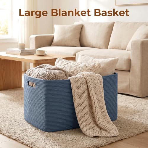 OIAHOMY 75L Large Blanket Basket Woven Storage Basket with Handle Blue - Image 2