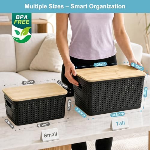 Bagnizer 2 Pack Tall Plastic Storage Bins with Bamboo Lids, 10.8qt Stackable Storages Baskets for Organizing Desktop Closet Playroom Classroom Office, 12"L x 8.3"W x 6.1"H, Black - Image 2