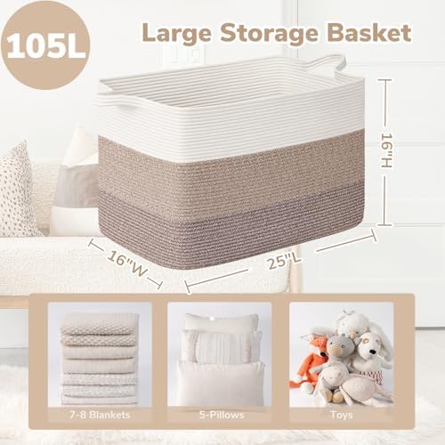 Goodpick 105L Extra Large Woven Rope Blanket Basket, Rectangle, Light Brown - Image 3