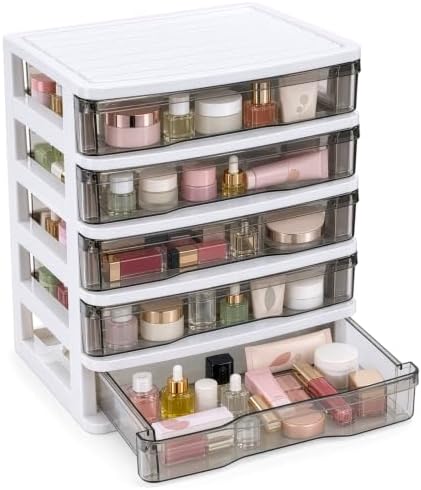 DEAYOU 5 Drawer Desktop Storage Bin Unit, Small Plastic Organizer, White Frame with Clear Drawer, Mini Container Case for Desk, Storing Craft, Accessory, Stationery - Image 6
