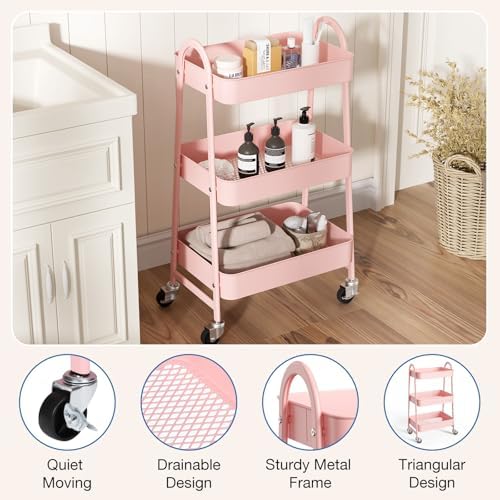 OLIXIS Metal 3 Tiers Rolling Storage Utility Cart with Lockable Wheels - Image 3