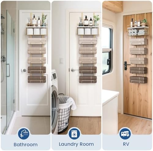 Aetyord Towel Racks for Bathroom Over The Door Towel Racks Towel Storage Organizer with Metal Shelf Basket for Bathroom Rv Camper (7-Tier Gold) - Image 6
