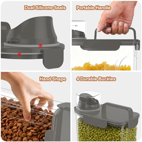 Uppetly Dog Cat Food Storage Container, 5-7Lbs Pet Food Containers, Airtight Cat Food Container with Portable Handle & Measuring Cup, Small Animal Dry Food Dispenser for Dogs, Cats and Birds Grey - Image 5