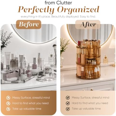 Masirs 360 Rotating Makeup Organizer Countertop, Adjustable Shelf, Brown - Image 7
