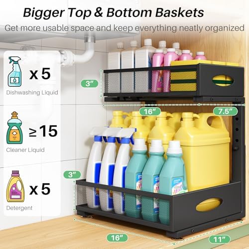 Under Sink Organizer, 1-Pack Pull Out Cabinet Organizer 2 Tier Metal Slide Out Storage Shelf Rack, L-Shaped Adjustable Height,Mesh Sliding Drawer for Kitchen, Bathroom, Laundry, Pantry, Black, XL - Image 3